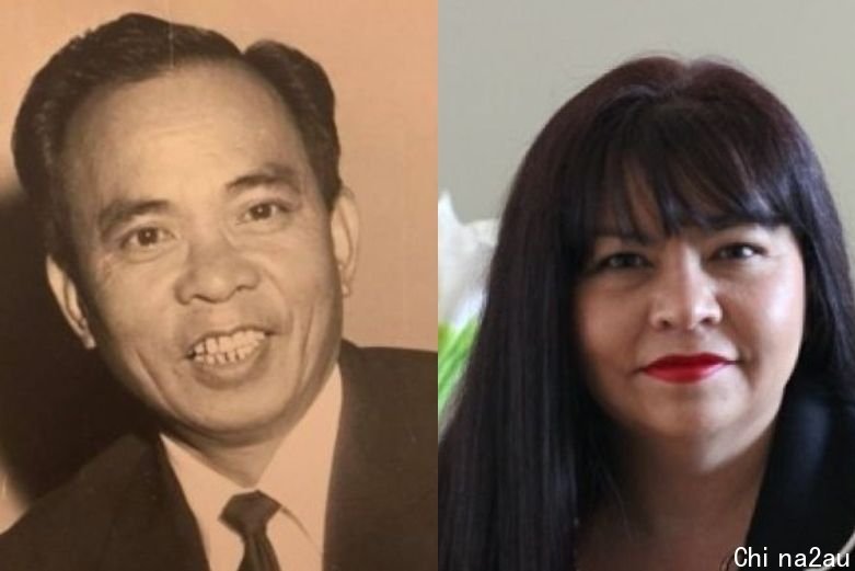 A combined image of a black-and-white photo of Peter Cheung and a modern photo of his daughter Jennifer