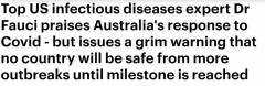 美国首席传染病专家福奇赞扬澳洲抗疫成果！