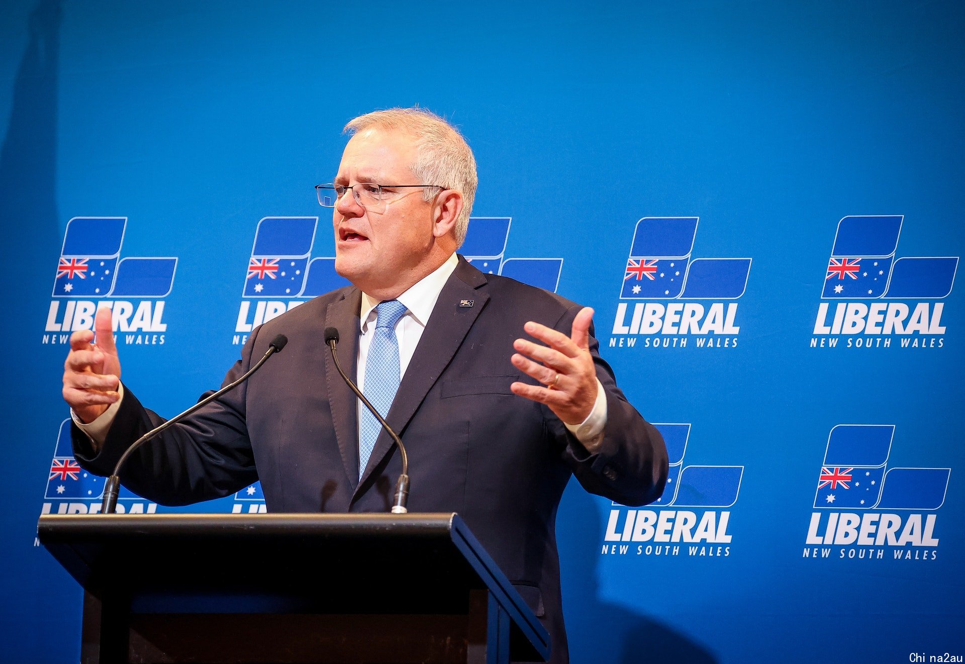 2021年5月14日，澳洲总理莫里森（Scott Morrison）在悉尼出席午餐会时发表讲话。 （Getty）