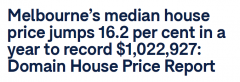 最新报告：墨尔本房屋中位价1年飙涨16.2%，已突