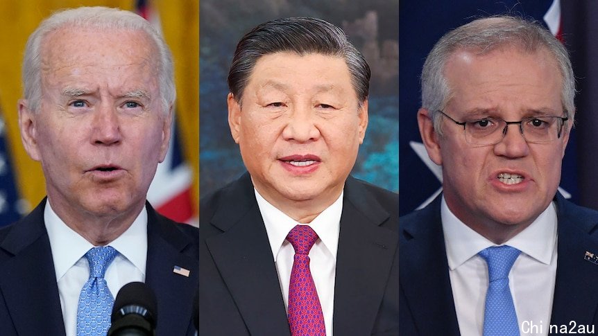 A composite image of Joe Biden, Xi Jinping, and Scott Morrison.