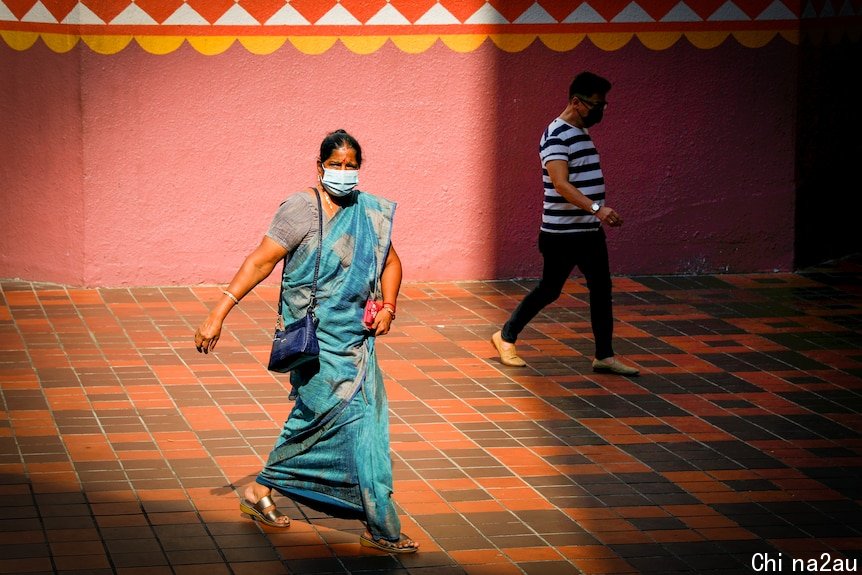 An Indian woman in a sari and a blue face mask walks past a pink wall 