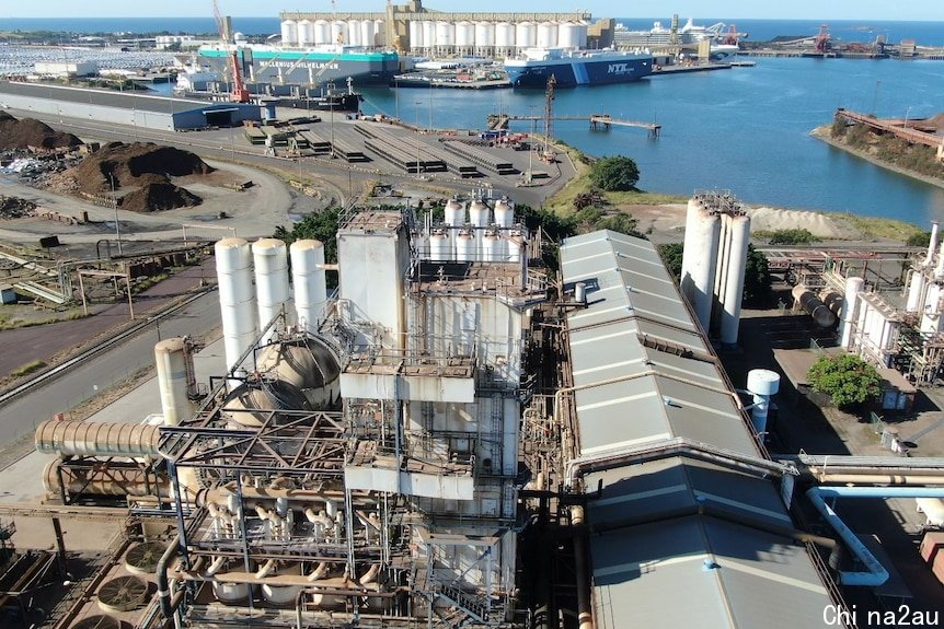 An aerial view of a huge steelworks.