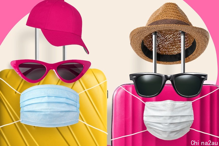两个手提箱上戴着面具、太阳镜和帽子。