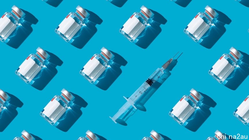 A syringe and vials in a repeating pattern on a blue background