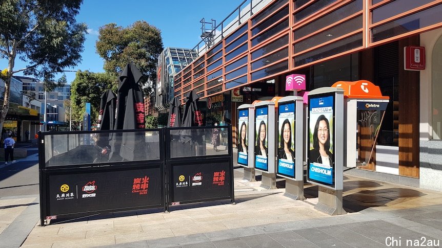 自由党议员廖蝉娥在博士山（Box Hill）的广告牌上。