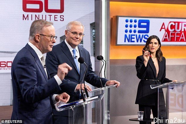 Mr Albanese (left) and Mr Morrison (centre) have been slammed for their 'terrible' treatment of 60 Minutes host Sarah Abo (right( after refusing her requests they move on