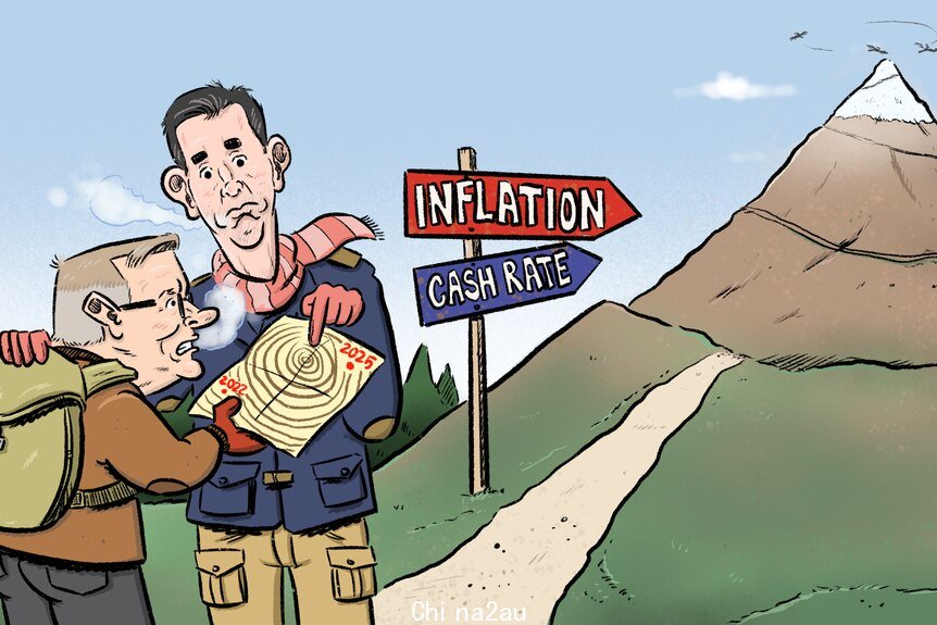 An illustration of an economist showing Albanese a map and Inflation and Cash Rate arrows pointing to the top of a mountain