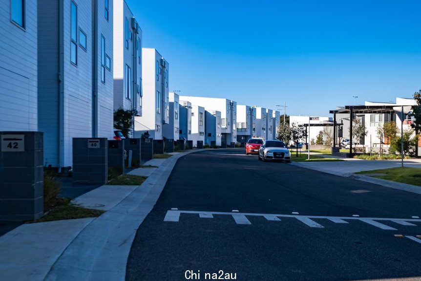 A line of new modern homes lining a pristine street.  