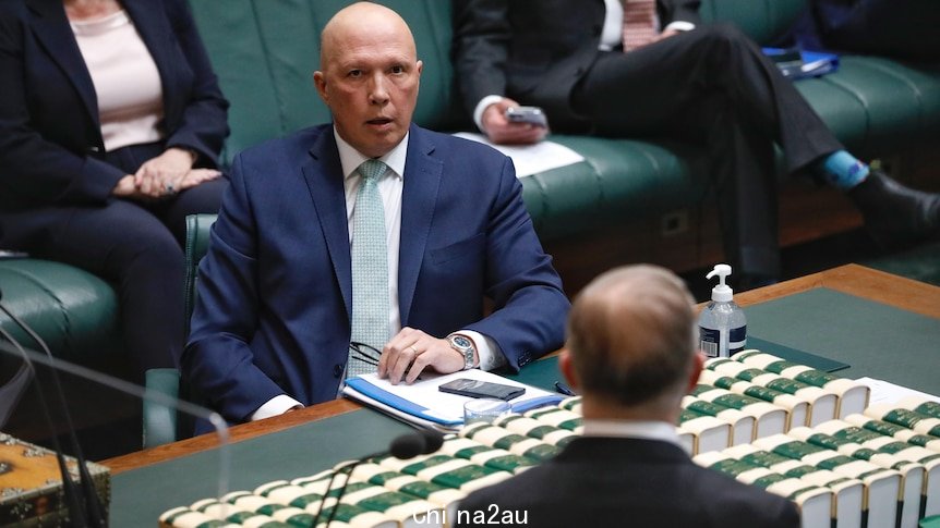 dutton looks across the main table in parliament at albanese, whose head is in the foreground