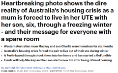 一张照片凸显澳洲“住房危机”！澳洲母亲租房难，被迫带6岁儿子睡车内数月（组图）
