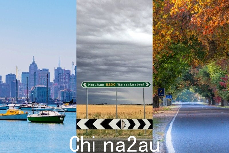 A composite image of boats in front of Melbourne's skyline, a Horsham sign in front of wheatfields and autumn trees in Bright.