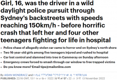 悉尼惨烈车祸5人受伤：司机是16岁少女时速高达150，目击者吓哭（视频/照片）