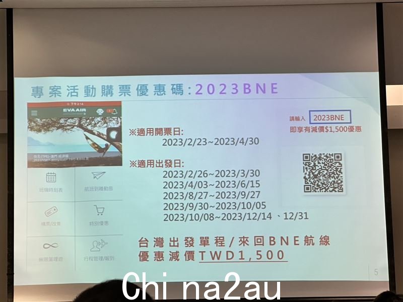 台湾直飞布里斯班航班上输入优惠码2023BNE，机票可优惠1500元。（记者刘佩玉摄/摄）” /></p><p> 周春富解释说，现在有直飞航班台湾至布里斯班，</p><p>同一天从星期一、星期二、星期四和星期六至5月15日，航班上午9:10起飞，晚上8:00到达澳大利亚；</p><p >回程航班22:15起飞，次日凌晨5:15抵达台湾。 </p><p>5月16日至10月24日夏季航班每周一、二、六执飞。 </p><p><br /></p><p style=