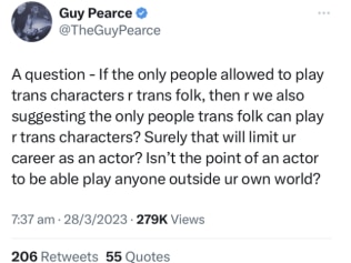 Guy Pearce 在 Twitter 上引发了一场关于跨性别演员及其在好莱坞扮演的角色的问题的激烈辩论。图片：Twitter