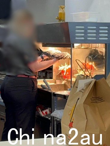 可以看到薯条装在了当工人试图擦干拖把时，他站在柜子后面。图片：Subtle Bogan Traits / Facebook