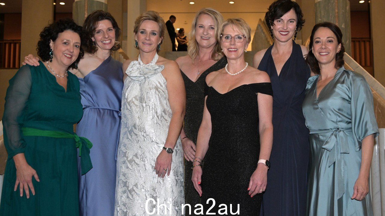 Allegra Spender、Zali Steggall、Kylea Tink、Zoe Daniel 的青色浪潮处于完整状态，凯特·钱尼 (Kate Chaney) 和索菲·斯坎普 (Sophie Scamps) 在舞会上惊艳亮相 图片：Tracey Nearmy/Getty Images