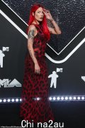 哈尔西 (Halsey) 在 2024 年 VMA 表演前身着与红发相配的红黑礼服惊艳亮相