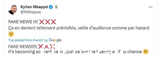 但是姆巴佩分享了一篇关于 X 上涉嫌强奸的报纸文章，并写道：'假新闻！'