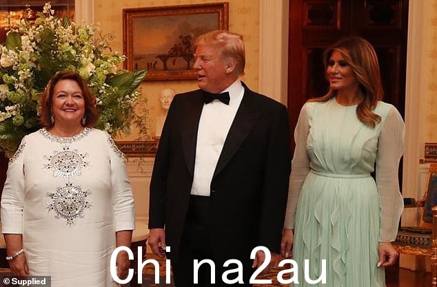 吉娜·莱因哈特 (Gina Rinehart) 正在美国支持唐纳德·特朗普 (Donald Trump) 竞选白宫，预计今晚将参加他的竞选派对。2019 年合影