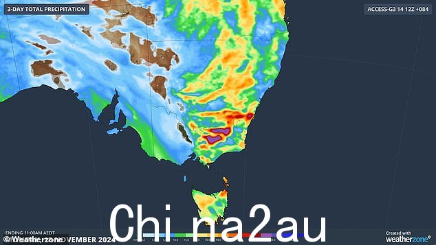 如图所示，预计周末至周一这些地区的降雨量将超过 100 毫米