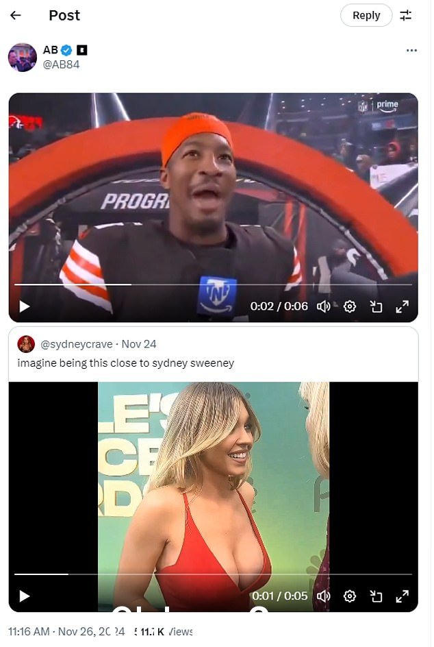 Antonio Brown 在 X 上发布了一条关于与女演员 Sydney Sweeney 关系密切的尴尬回复