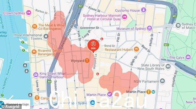 AusGrid 已确认周四 Barangaroo、Wynyard 和 Martin Place 超过 950 名客户断电（图为受影响地区的地图）