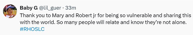 @lil_guer 说：“感谢玛丽和小罗伯特如此脆弱并分享这与世界。很多人都会产生共鸣并知道他们并不孤单。'
