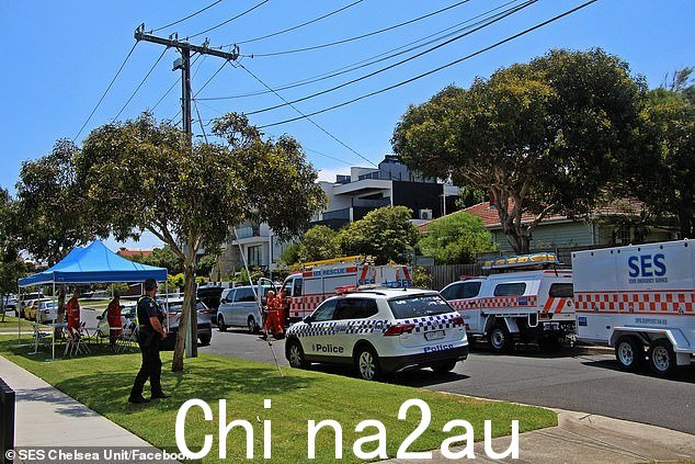 在海滨郊区发生可怕的发现后，警方已启动重大凶杀案调查（图为警方和 SES 工作人员周四在现场）