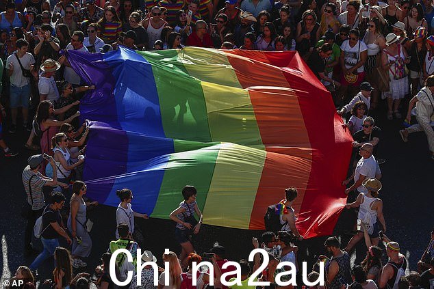 西班牙马德里一年一度 LGBTQ 骄傲游行的参与者举着彩虹旗