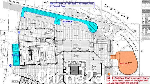 最新扩建提案（如图）包括一个阳台、啤酒花园和一个冷藏室